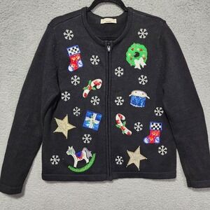 Bechamel Christmas Knit Sweater Cardigan Full Zip Holiday Winter Size Petite L/X